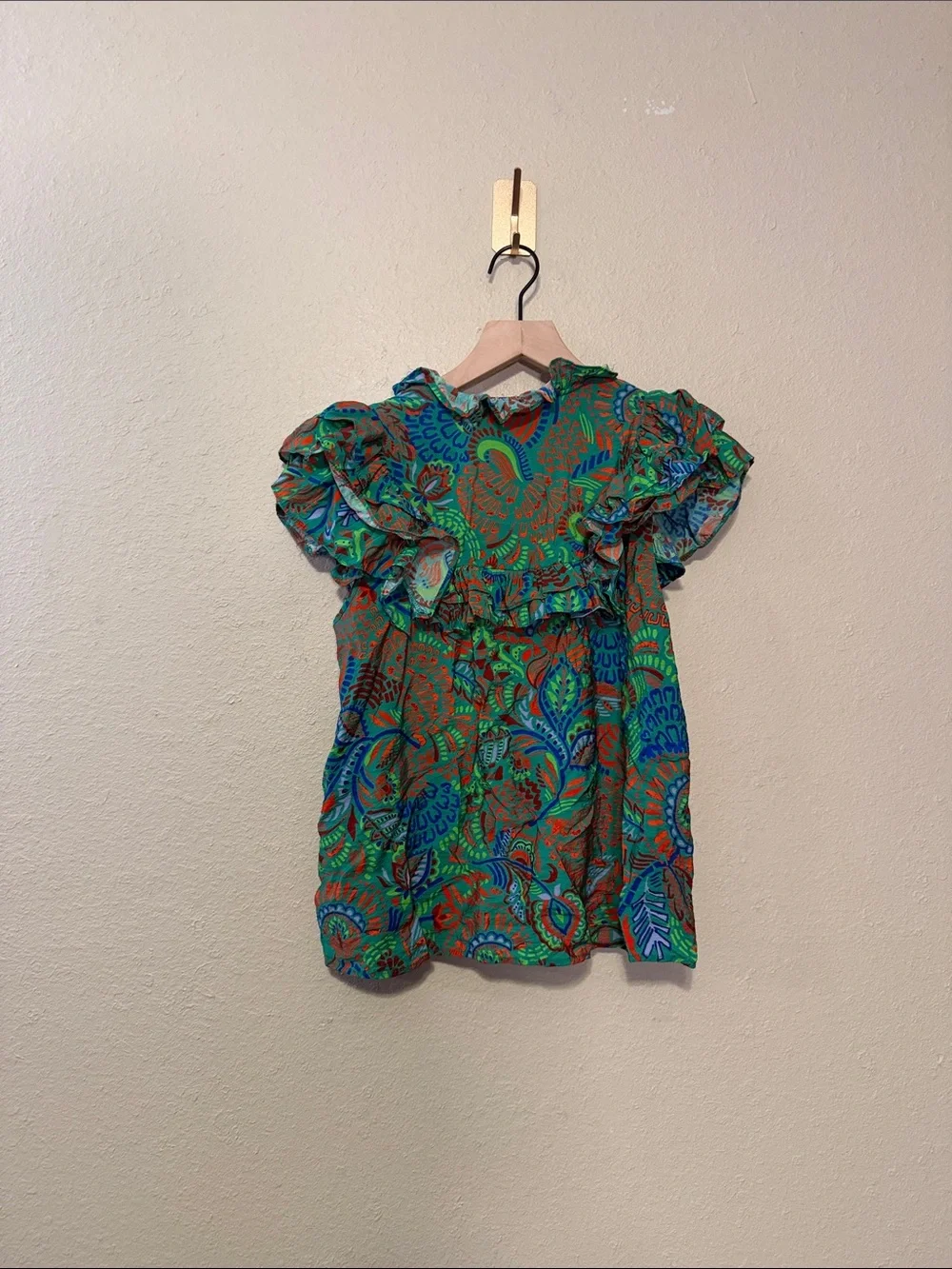 Meet Me In Santorini Floral Ruffle Blouse in Green and Blue Size XS